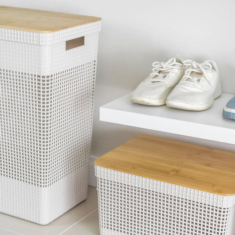 Cesta Ropa Grid Con Tapa Bambú 49 L2#Blanco