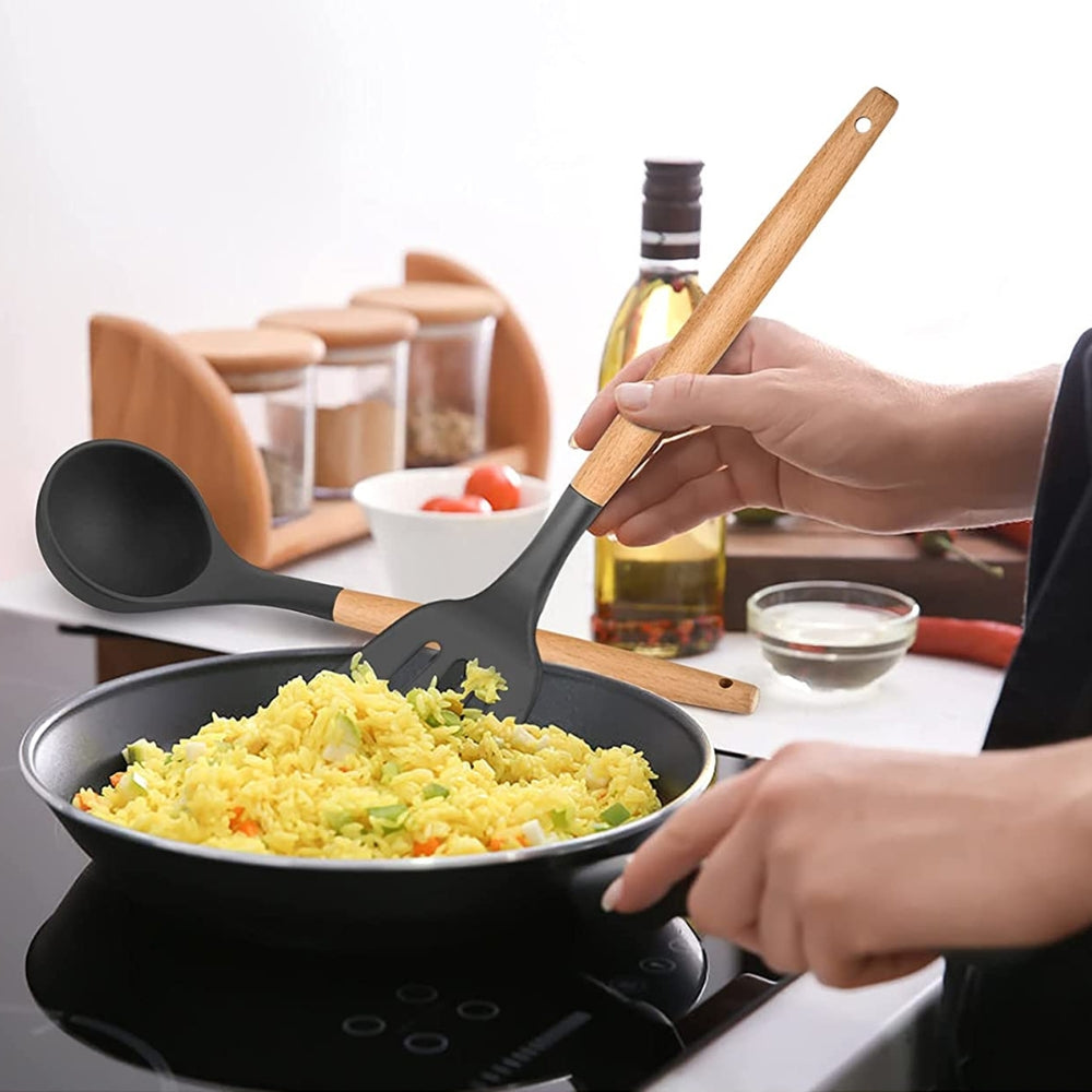 Set 6 Utensilios de Cocina Silicona-Madera2#Negro