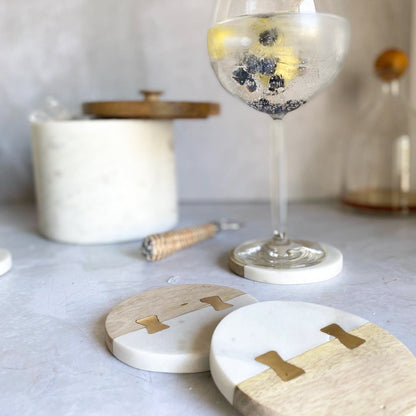 Posavasos Mármol Madera con Tachas de Bronce4#Blanco