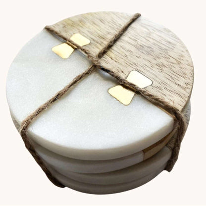 Posavasos Mármol Madera con Tachas de Bronce3#Blanco