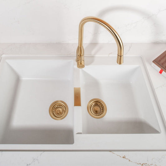 Kit Grifería Kavus Gold + Accesorios Dorados Lavaplatos Doble