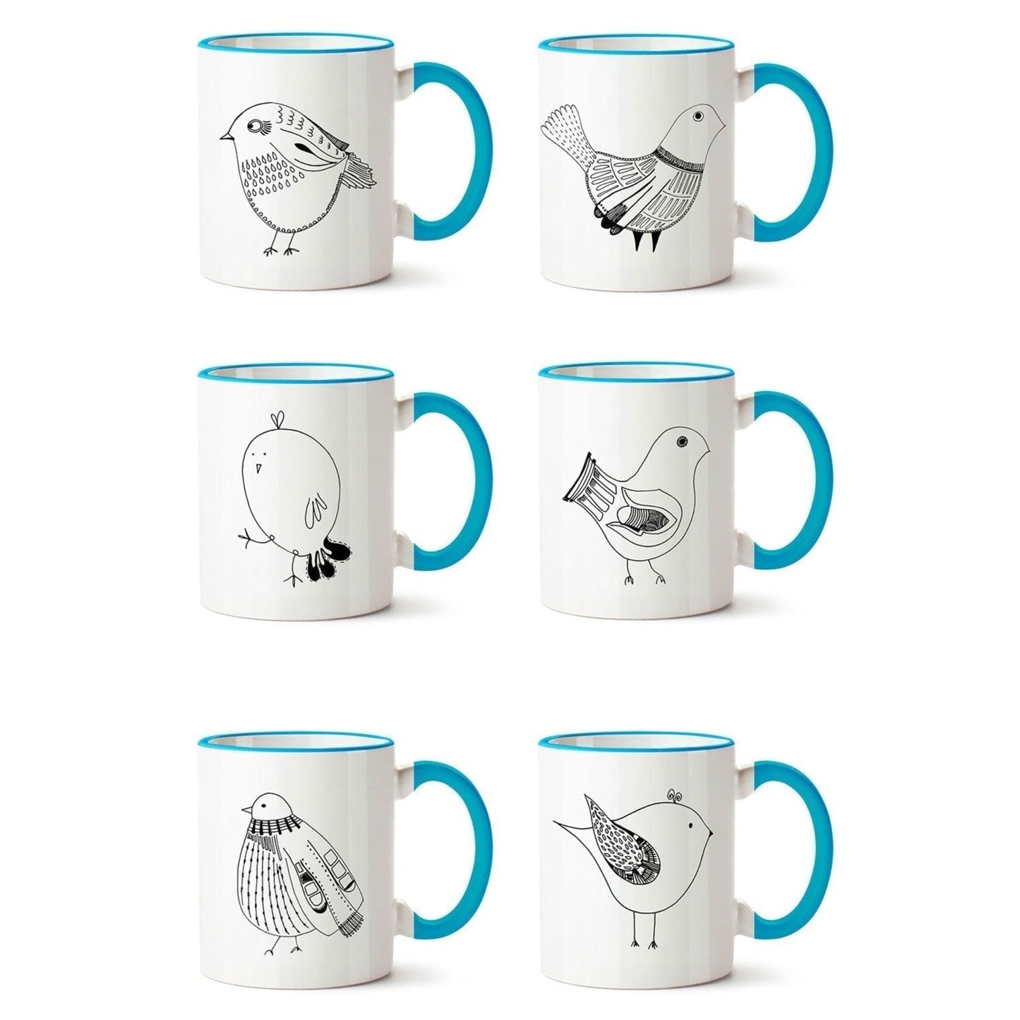 Set 6 Tazones Mugs Cerámica Pájaros1#Celeste