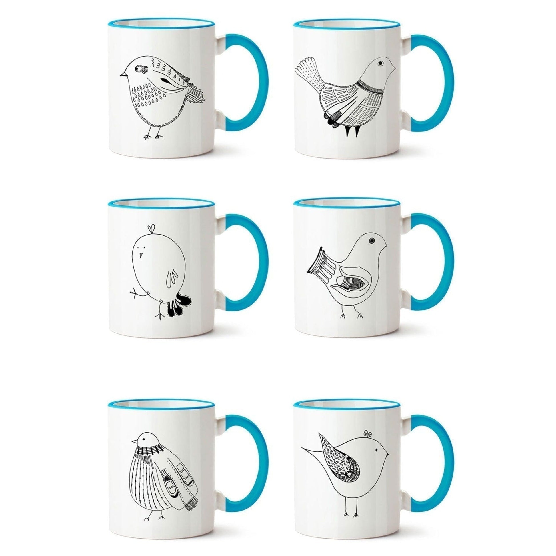Set 6 Tazones Mugs Cerámica Pájaros1#Celeste