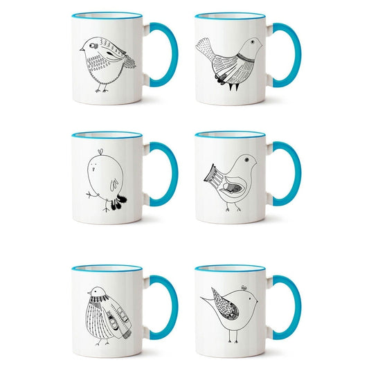 Set 6 Tazones Mugs Cerámica Pájaros1#Celeste