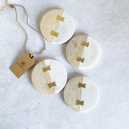 Posavasos Mármol Madera con Tachas de Bronce1#Blanco