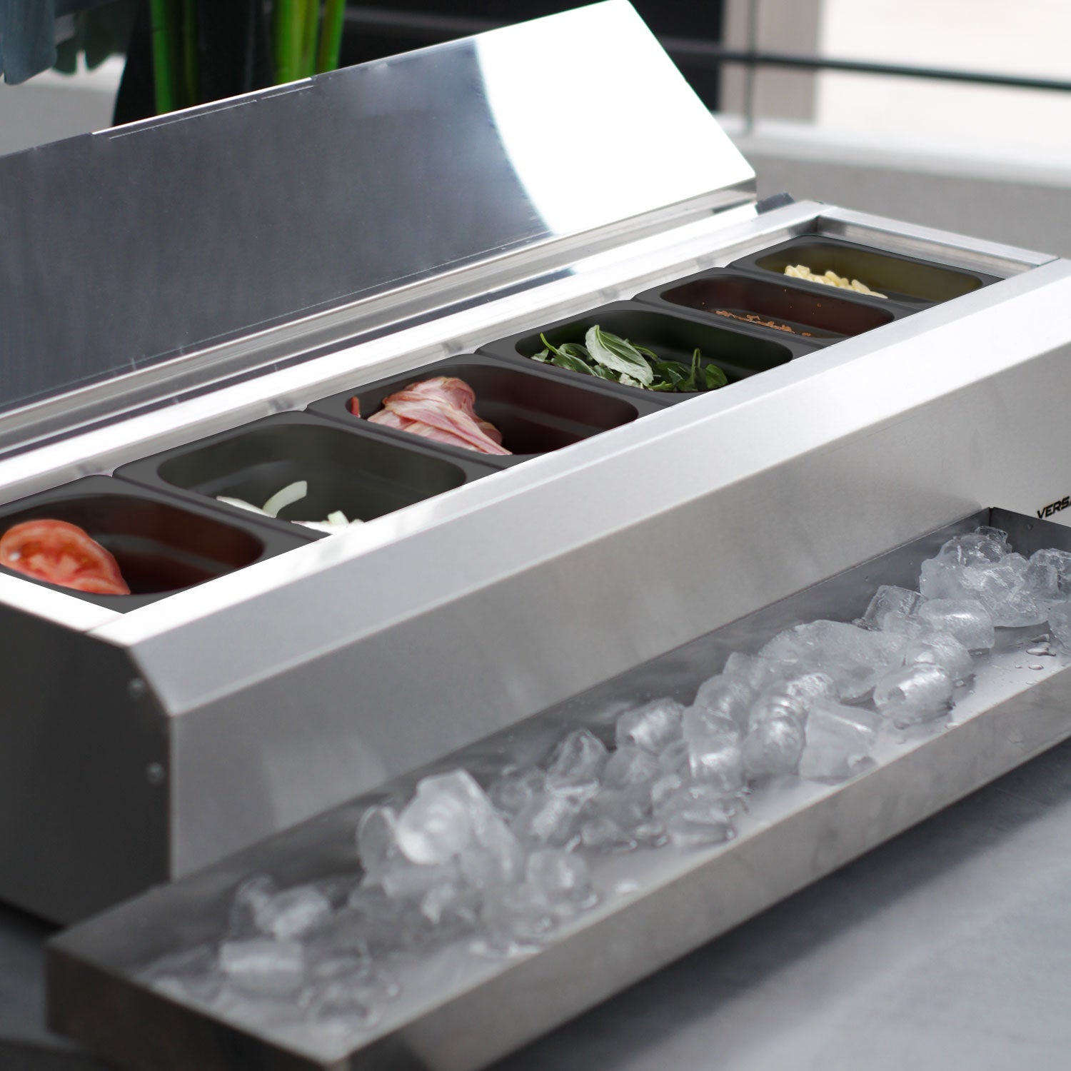 Salsera 6 Estaciones 960 Policarbonato c/ Bandeja Frío1#Acero