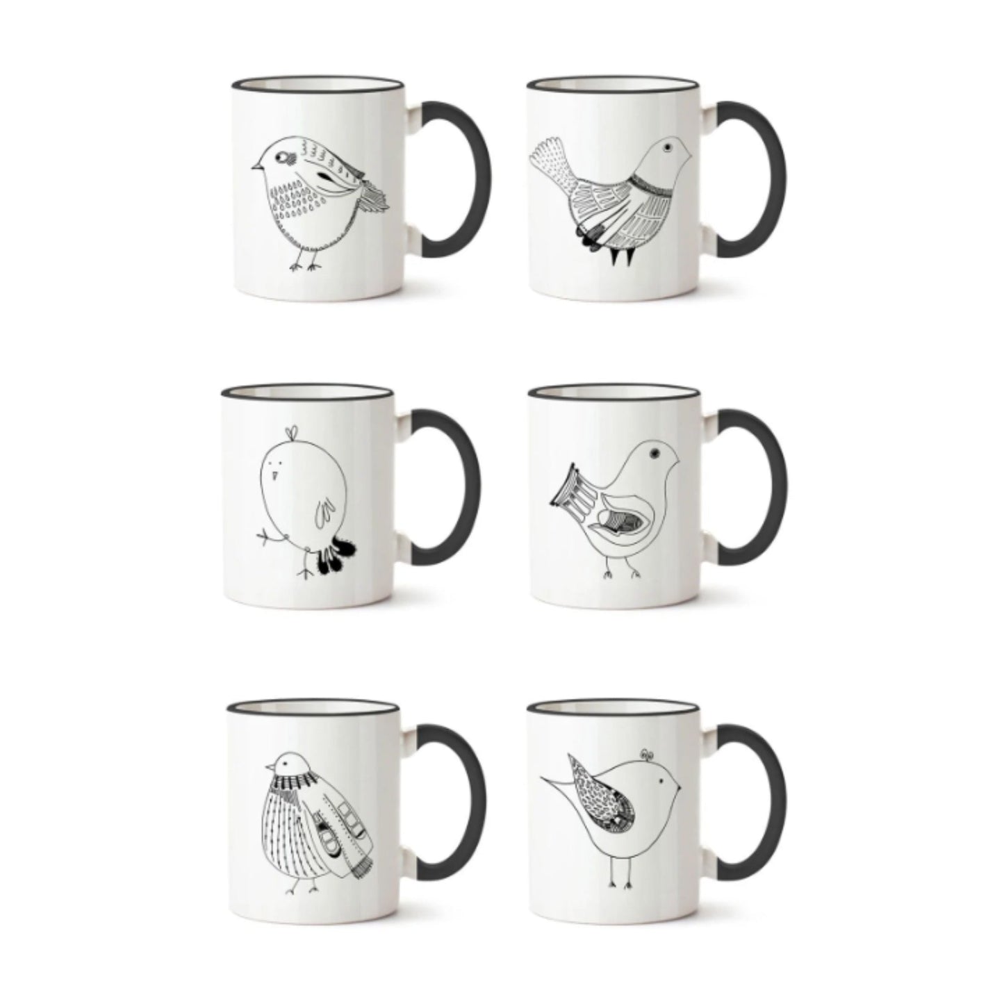 Set 6 Tazones Mugs Cerámica Pájaros2#Negro