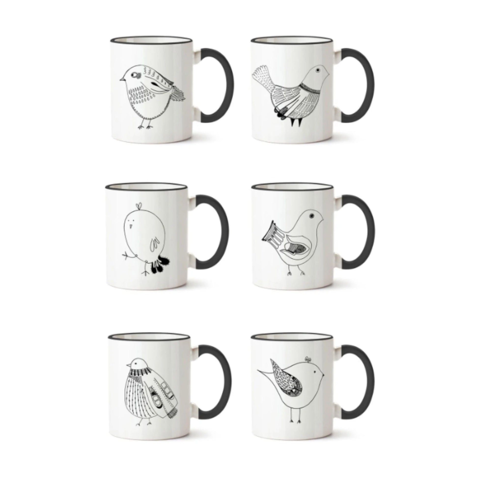 Set 6 Tazones Mugs Cerámica Pájaros2#Negro