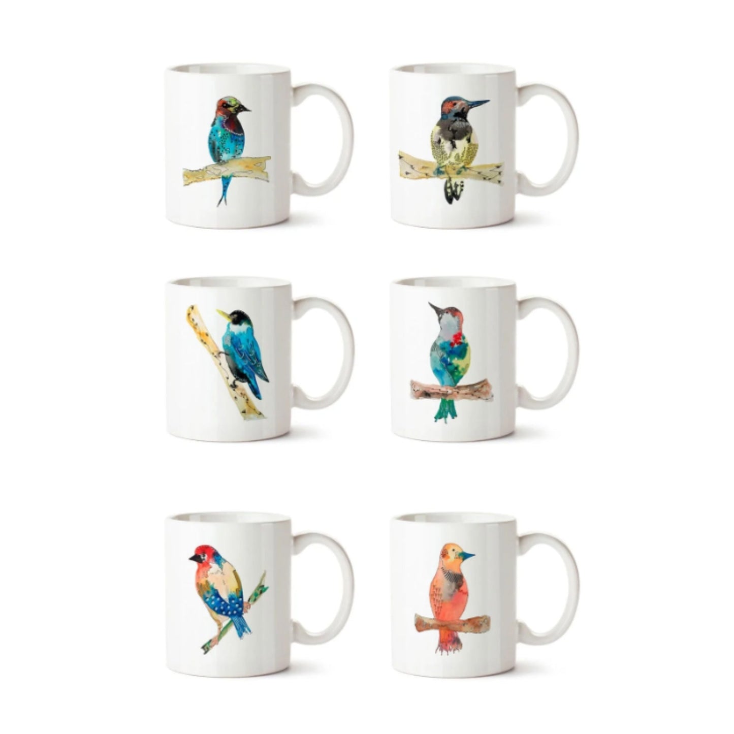 Set 6 Tazones Mugs Cerámica Pájaros3#Blanco