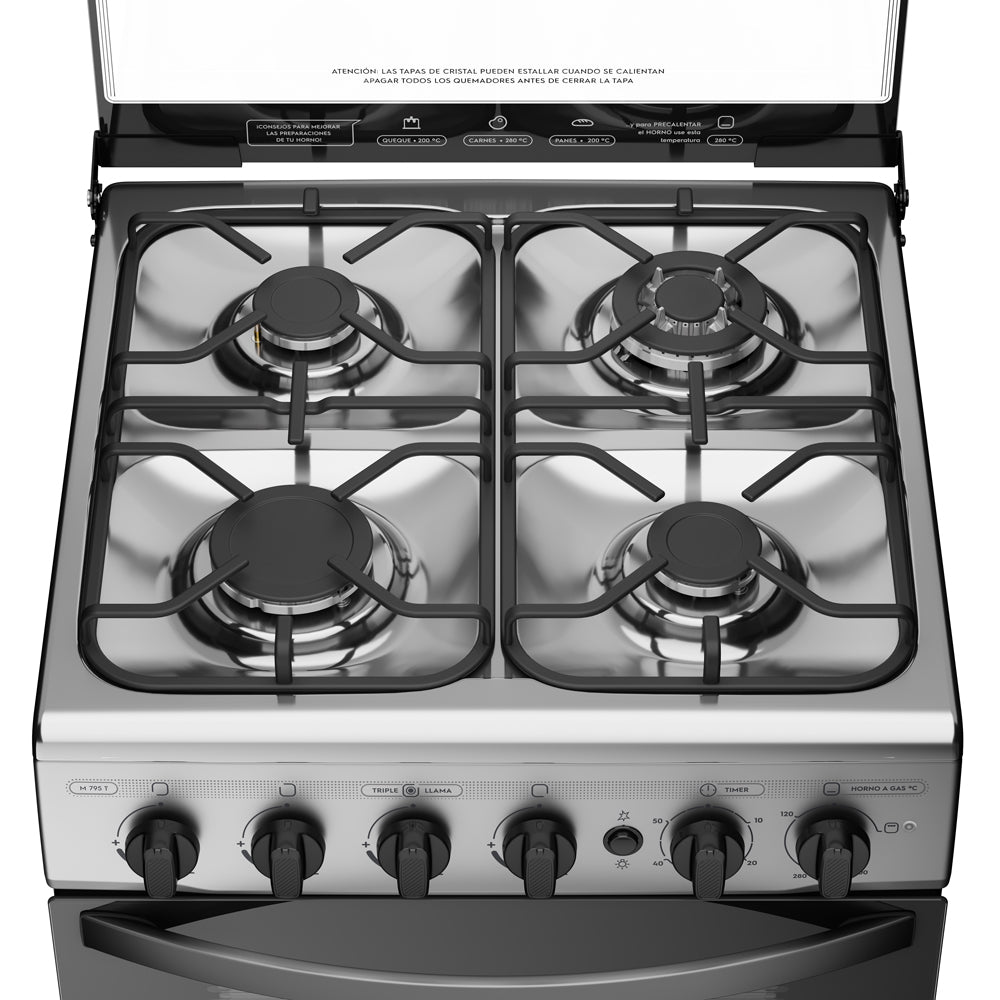 Cocina A Gas 4 Platos Inox Con Triple Llama y Grill M 795 T6#Acero