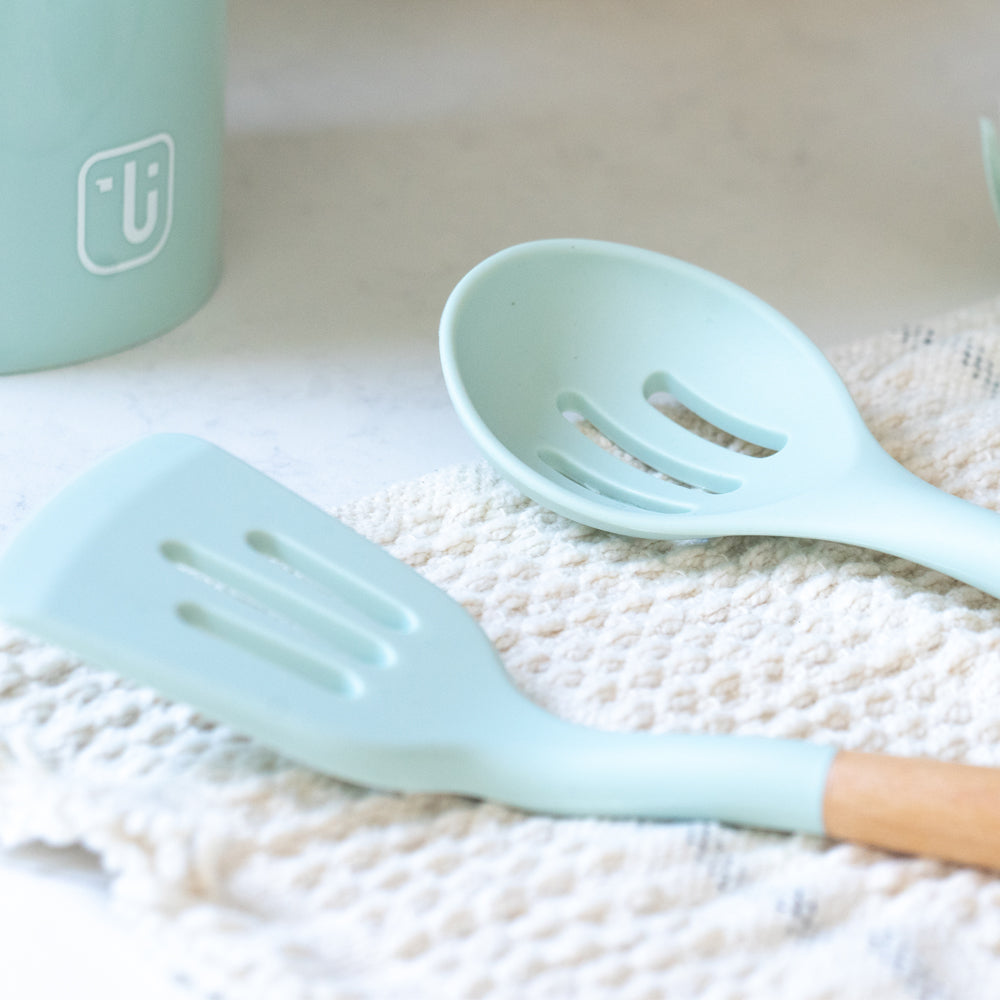 Kit Batería Cocina 7 Pza + Set 12 Utensilios Calipso6#Cobre|Azul