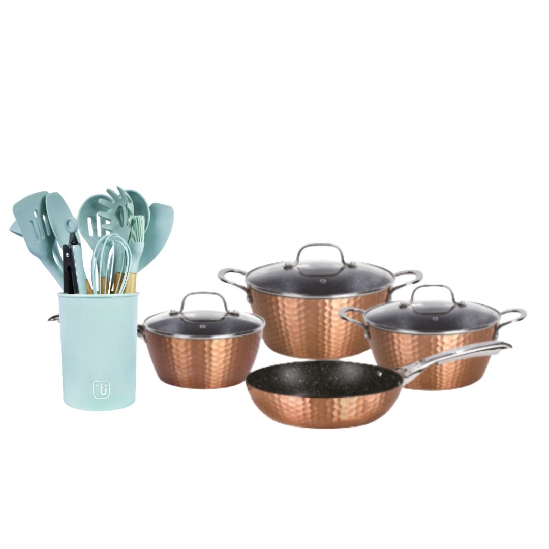 Kit Batería Cocina 7 Pza + Set 12 Utensilios Calipso1#Cobre|Azul