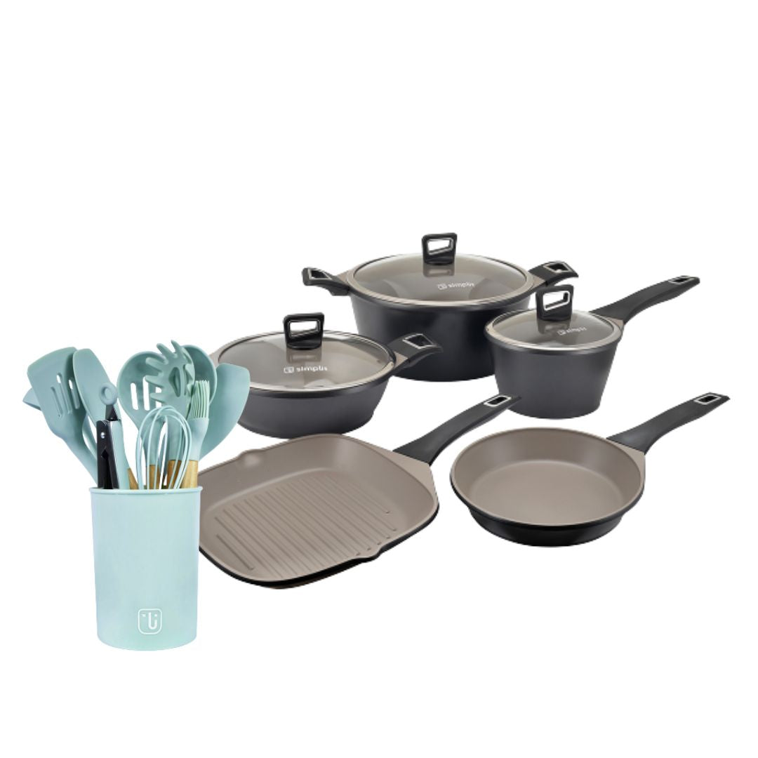 Kit Batería Cocina 8 Pza + Set 12 Utensilios Calipso1#Negro|Azul