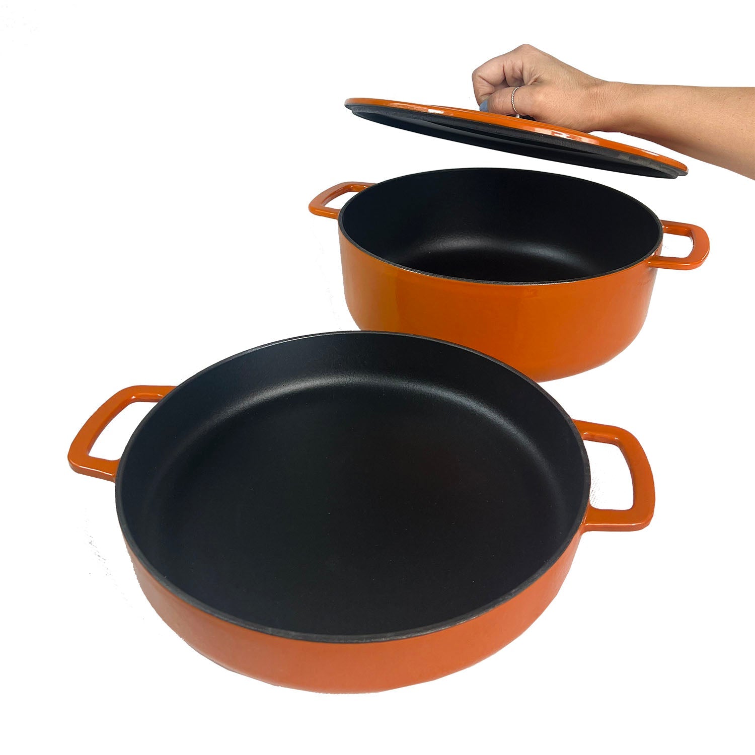 Pack Olla + Sartén Fierro Fundido Reciclado Esmaltado 24 cm5#Naranjo