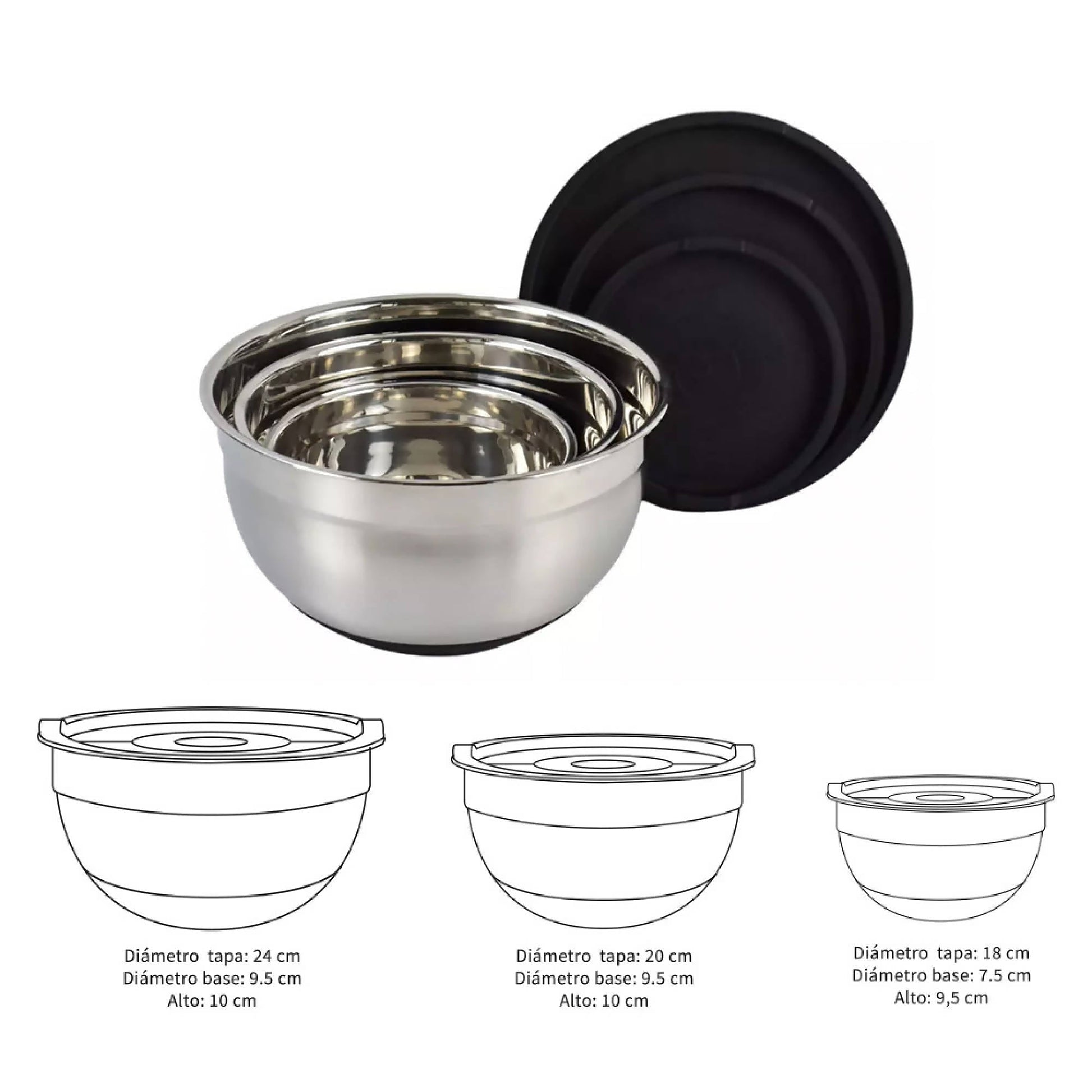 Set 3 Bowls con Tapa Acero Inoxidable Antideslizante4#Acero