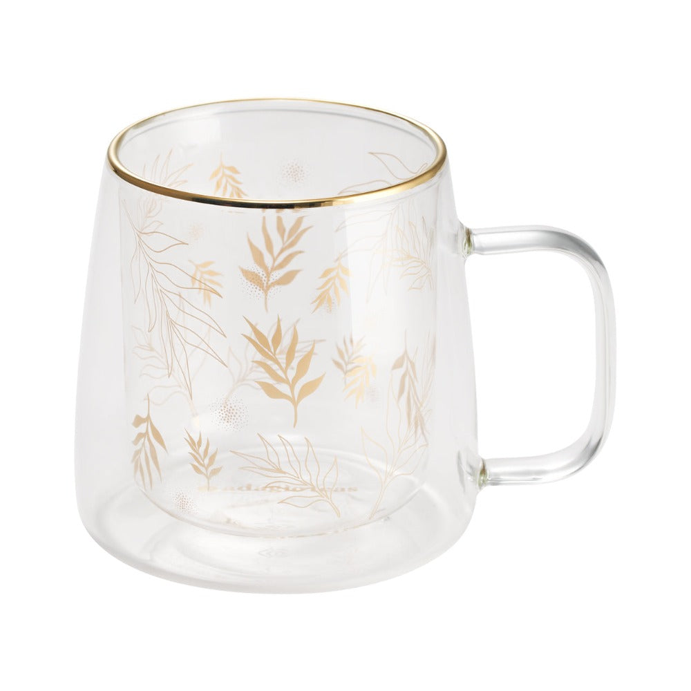 Taza Doble Vidrio Hoja 400 ml2#Dorado