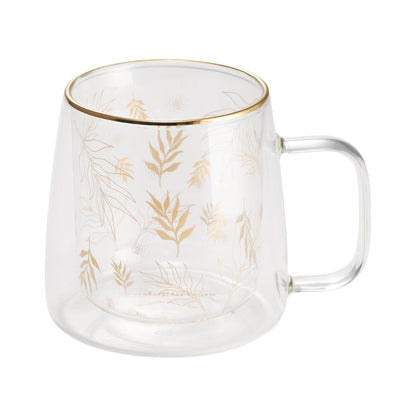 Taza Doble Vidrio Hoja 400 ml2#Dorado