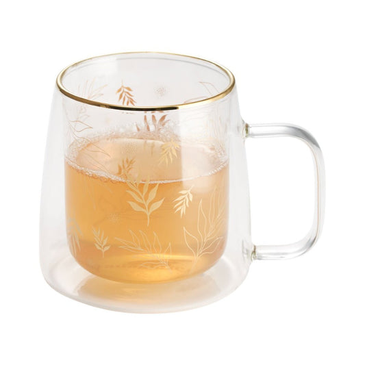 Taza Doble Vidrio Hoja 400 ml1#Dorado