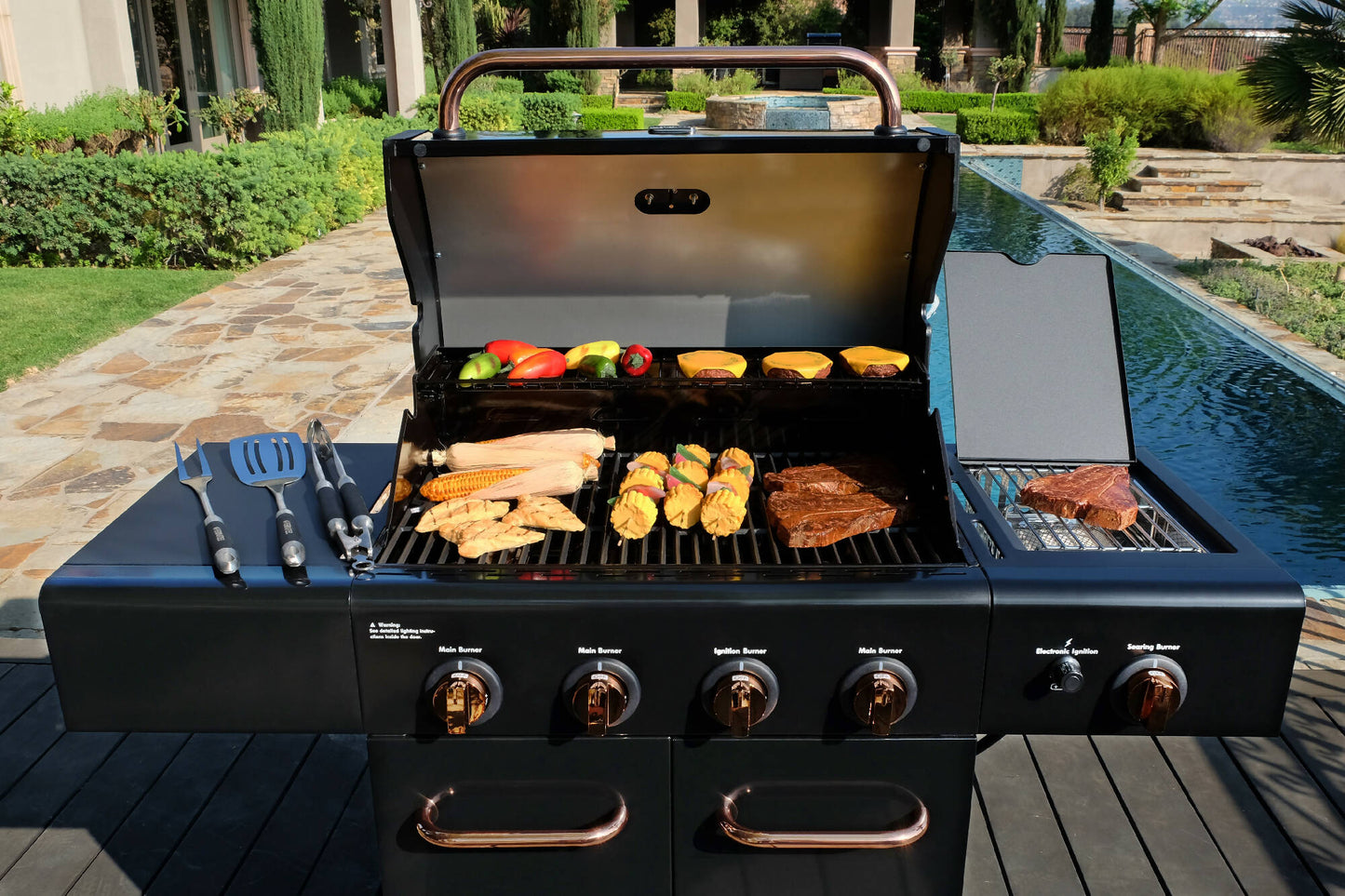Parrilla 4 Quemadores + Quemador Lateral KE-P13653-N4#Negro | Cobre Cromado